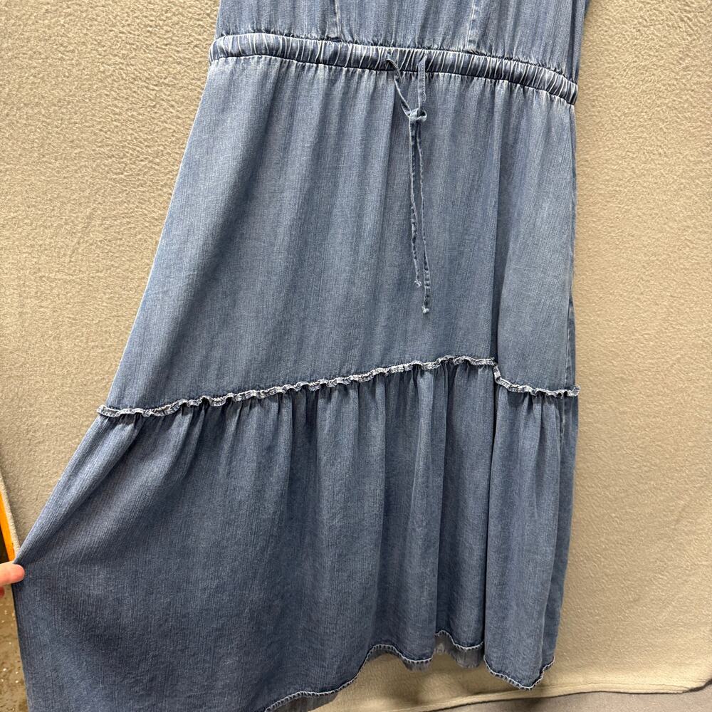 Lands End Tiered Dress Blue Chambray V-Neck Coastal Midi + Pockets Womens Medium - Picture 8 of 11